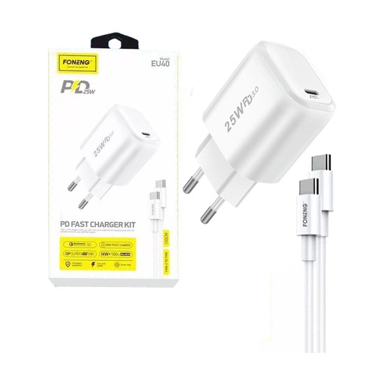 Adaptador Carregador Rápido Foneng EU40 com Cabo Tipo C a Tipo C PD 25W Branco